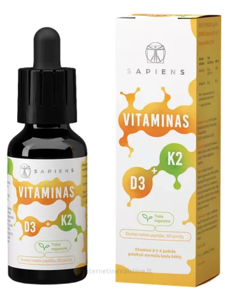 SAPIENS Vitaminas D3 + K2 30ml lašai | internetinevaistine.lt