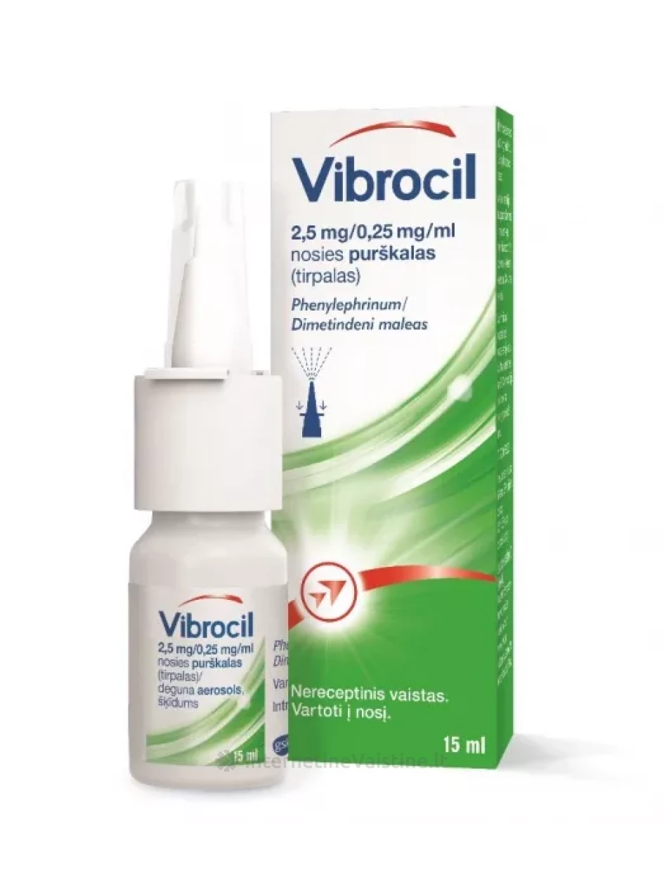 VIBROCIL 2,5 mg/0,25 mg/ml nosies purškalas (tirpalas) 15 ml, 25 mg/ml nosies purškalas (tirpalas) 15 ml | internetinevaistine.lt