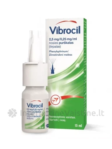 VIBROCIL 2,5 mg/0,25 mg/ml nosies purškalas (tirpalas) 15 ml, 25 mg/ml nosies purškalas (tirpalas) 15 ml | internetinevaistine.lt