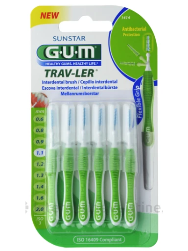 G.U.M.® (1414) Travler 1,1 mm N6 tarpdančių šepetėliai impregnuoti antibakterine medžiaga 6 vnt., N1 | internetinevaistine.lt