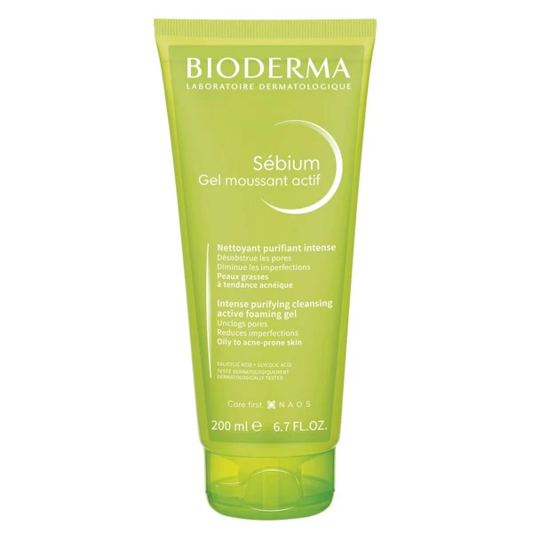 BIODERMA SEBIUM GEL MOUSSANT ACTIF, aktyvaus poveikio rūgštinis prausiklis riebiai, į spuogus linkusiai odai, 200 ml