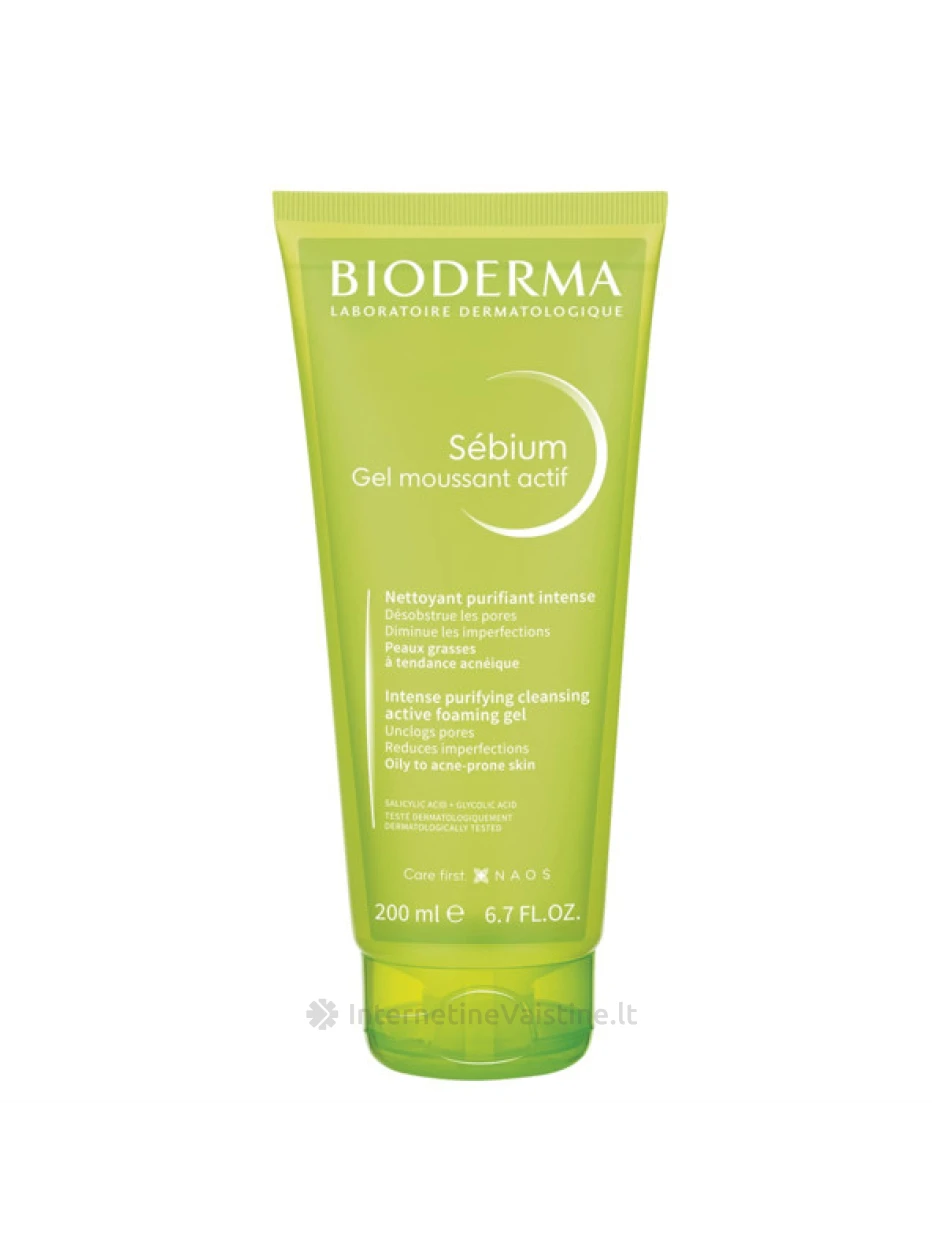 BIODERMA SEBIUM GEL MOUSSANT ACTIF, aktyvaus poveikio rūgštinis prausiklis riebiai, į spuogus linkusiai odai, 200 ml, Vnt | internetinevaistine.lt