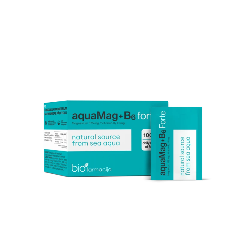 BIOFARMACIJA AQUAMAG+B6 Forte, milteliai, 1,2 g x 28 paketėliai, 28 vnt.