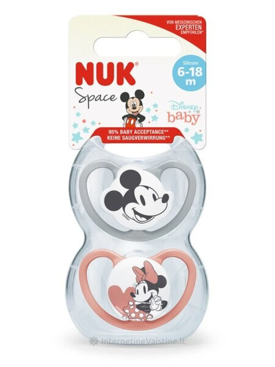 NUK čiulptukas SPACE Disney Mickey silik. 2d. (6-18mėn.) N2 (pilk., balt.), balt.) | internetinevaistine.lt