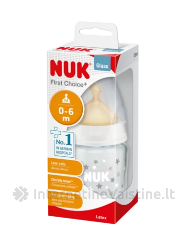 NUK buteliukas FIRST CHOISE+ stikl. 120ml su temp. indik.+lateks. žind. Nr.1 (M skyl. pienui) N1 (0-6mėn.) | internetinevaistine.lt