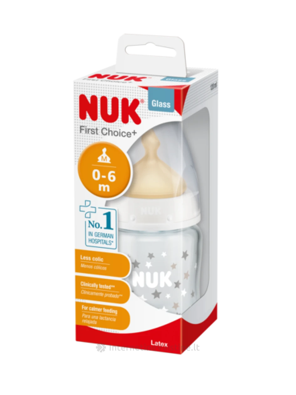 NUK buteliukas FIRST CHOISE+ stikl. 120ml su temp. indik.+lateks. žind. Nr.1 (M skyl. pienui) N1 (0-6mėn.) | internetinevaistine.lt
