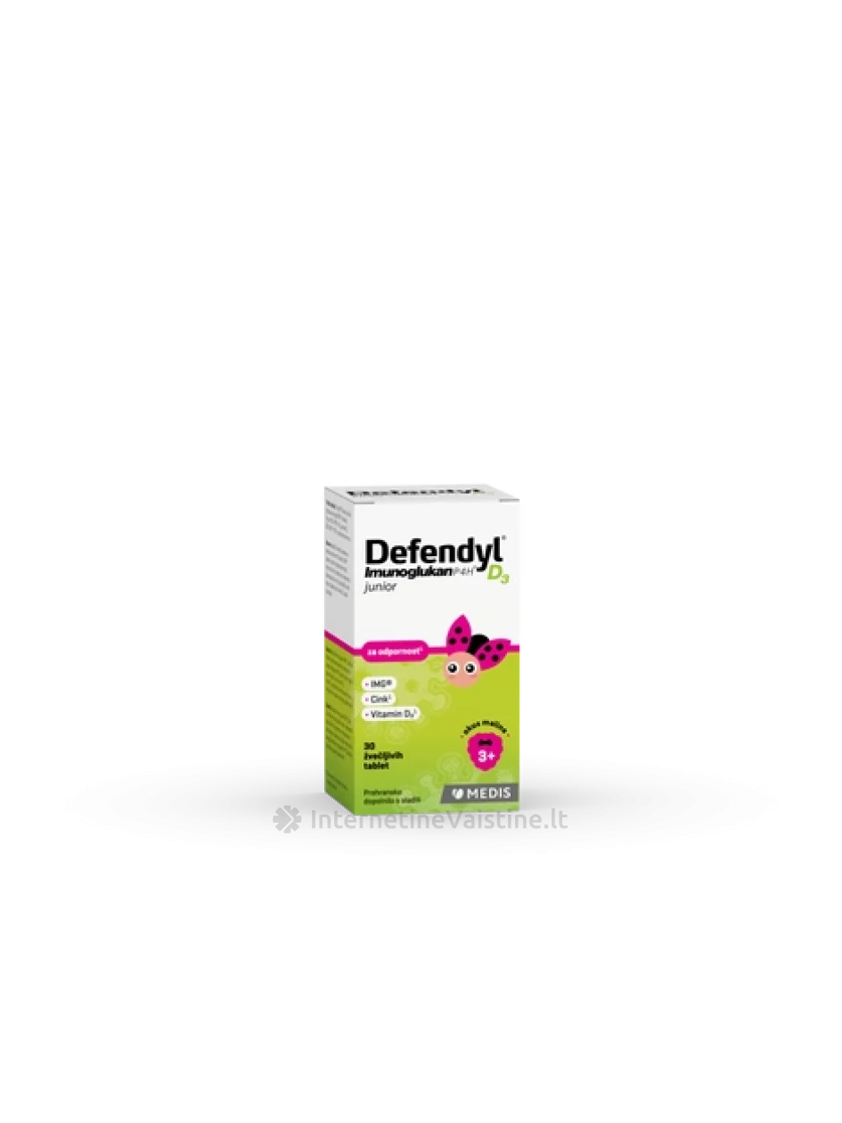 DEFENDYL-IMUNOGLUKAN P4H D3 JUNIOR, aviečių skonio, nuo 3 m., 30 kramtomųjų tablečių | internetinevaistine.lt