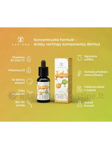 SAPIENS Vitaminas D3 + K2 30ml lašai | internetinevaistine.lt