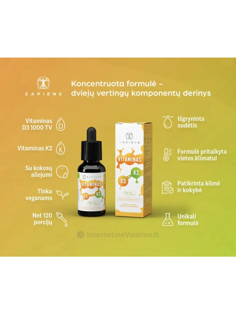 SAPIENS Vitaminas D3 + K2 30ml lašai | internetinevaistine.lt
