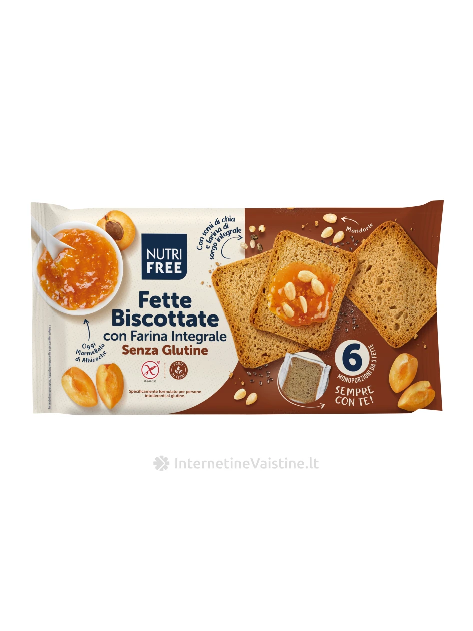 NUTRIFREE FETTE BISCOTTATE - džiūvėsiai su viso grūdo miltais  be glitimo, 225g | internetinevaistine.lt