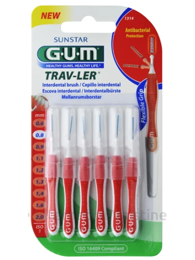 G.U.M.® (1314) Travler 0,8 mm N6 tarpdančių šepetėliai impregnuoti antibakterine medžiaga, 6 vnt., N1 | internetinevaistine.lt