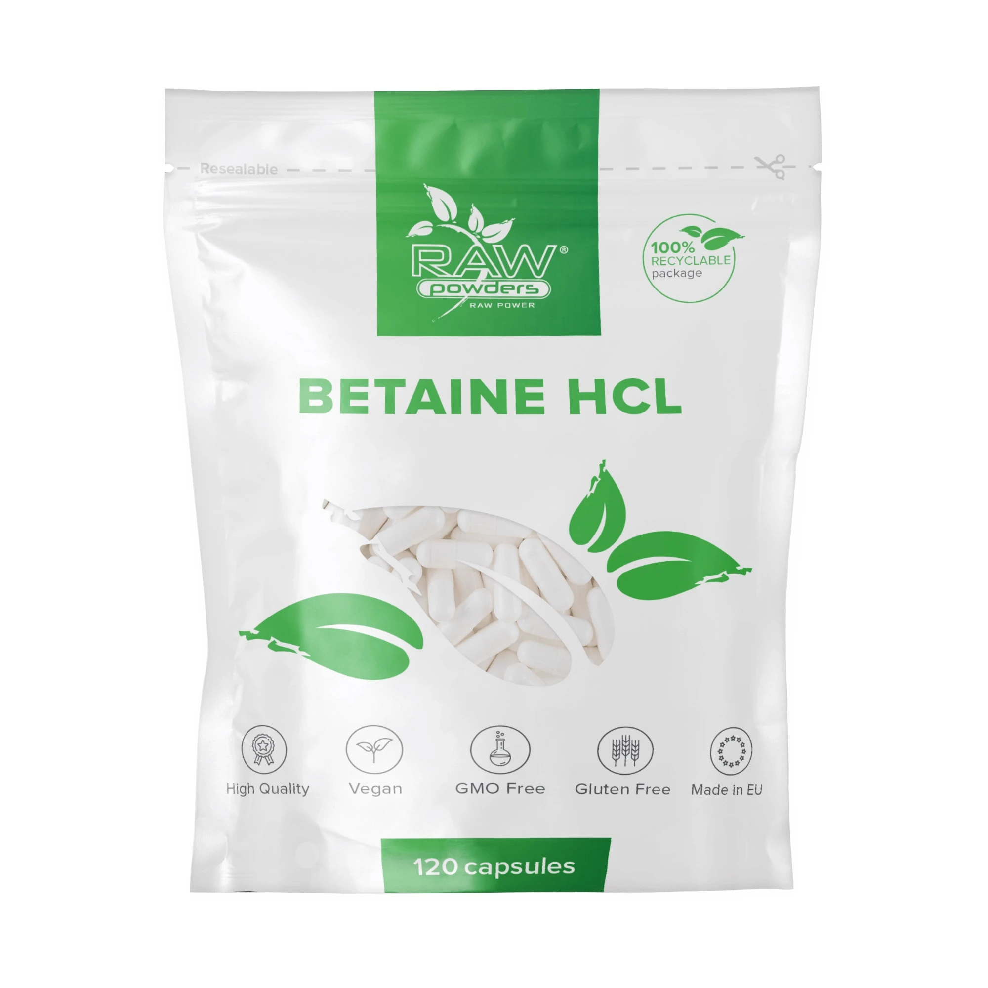 RAW POWDERS Betainas (Betaine) HCL, 650 mg, 120 kapsulių