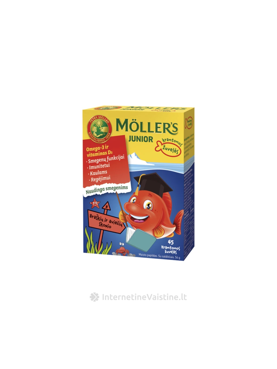 Möller’s Junior Omega-3 braškių-aviečių skonio, 45 kramtomos žuvelės | internetinevaistine.lt