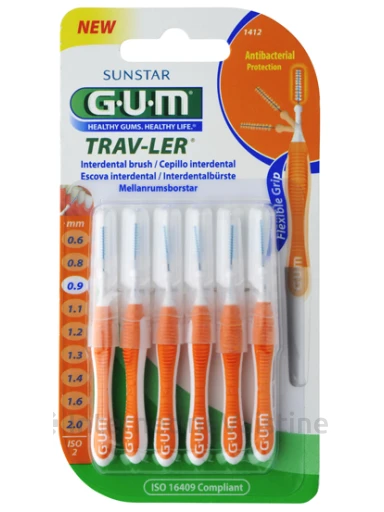 G.U.M.® (1412) Travler 0,9 mm N6 tarpdančių šepetėliai impregnuoti antibakterine medžiaga 6 vnt., N1 | internetinevaistine.lt