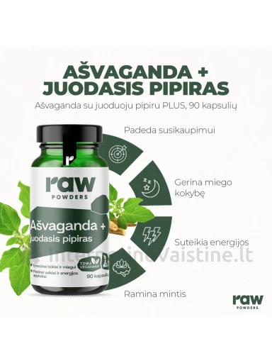 RAW POWDERS Ashwagandha and Black Pepper PLUS kaps. N90 | internetinevaistine.lt