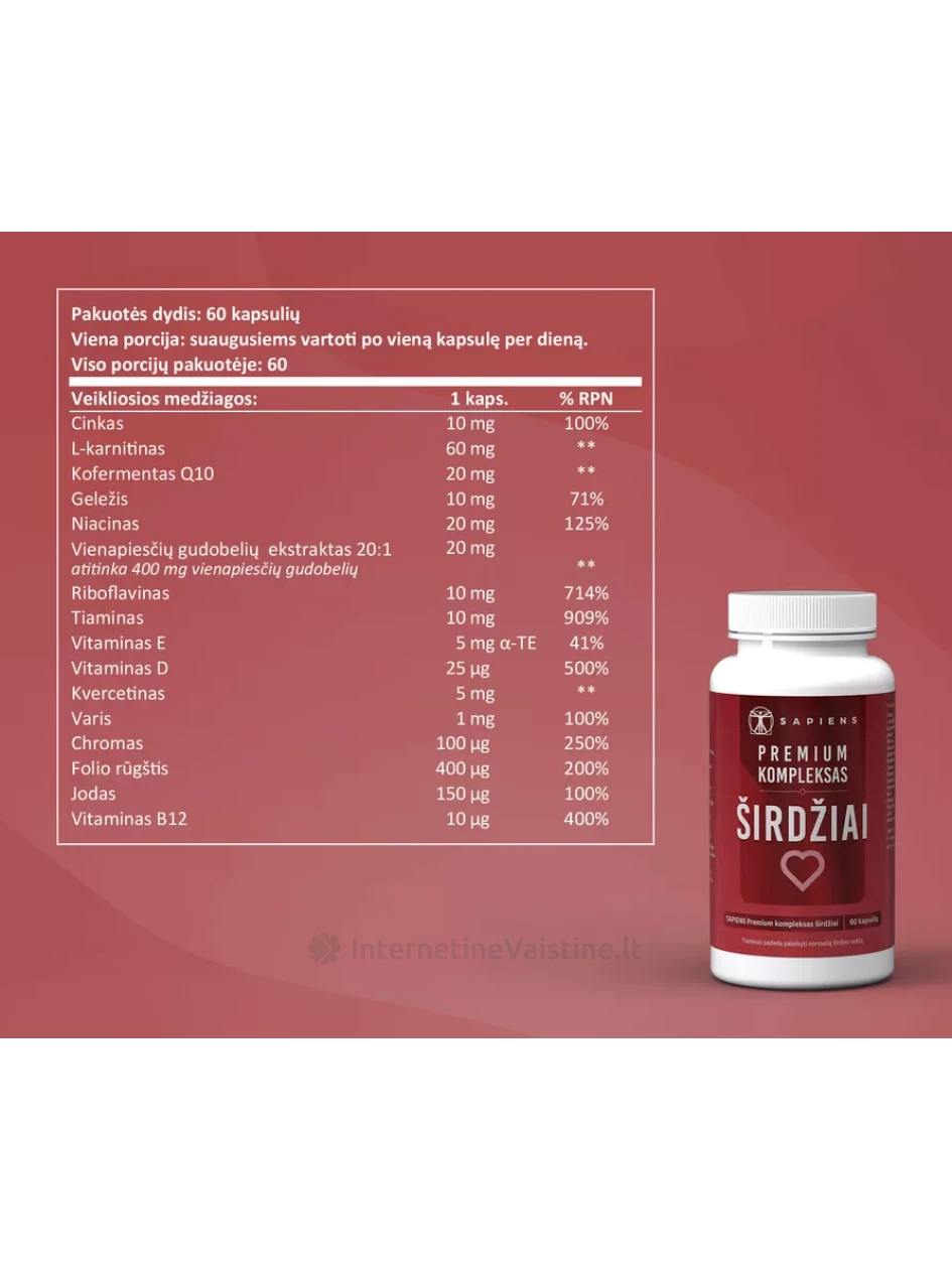 SAPIENS Premium kompleksas širdžiai kaps. N60, 60 vnt. | internetinevaistine.lt
