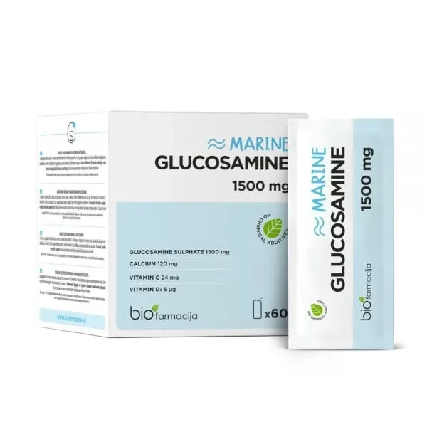 BIOFARMACIJA maisto papildas milteliais GLUCOSAMINE MARINE 1500 mg, 60 pak.