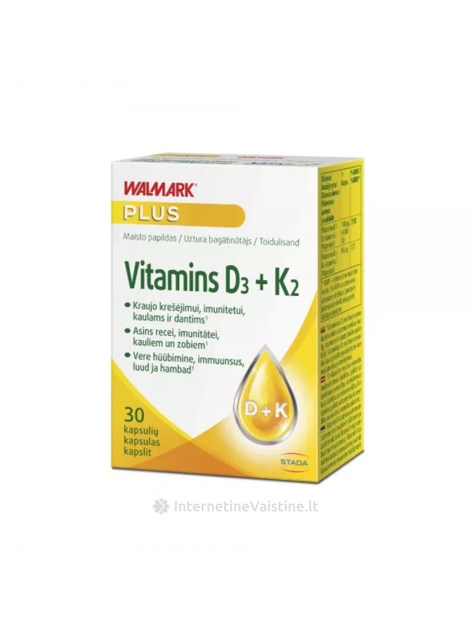 WALMARK maisto papildas VITAMINS D3 + K2, 30 kapsulių | internetinevaistine.lt