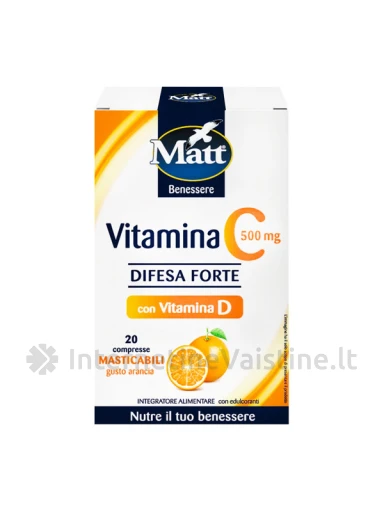 MATT Vitamina C 500 Difesa Forte, maisto papildas su vitaminais C ir D, 20 kramtomųjų tablečių, 20 kramtomųjų tablečių | internetinevaistine.lt