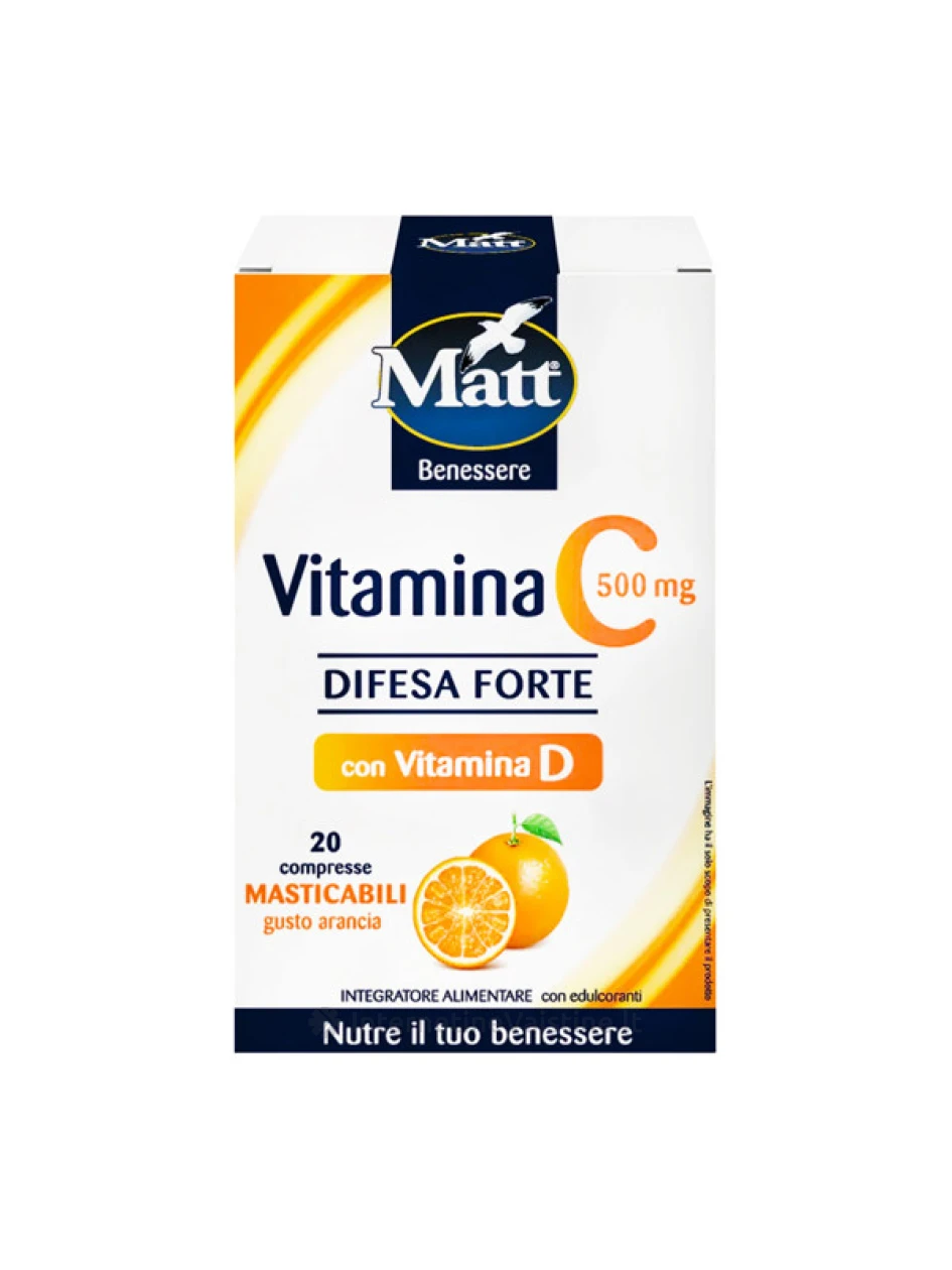 MATT Vitamina C 500 Difesa Forte, maisto papildas su vitaminais C ir D, 20 kramtomųjų tablečių, 20 kramtomųjų tablečių | internetinevaistine.lt