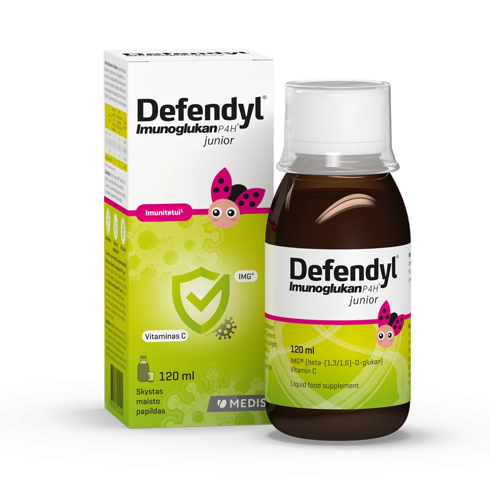 DEFENDYL imunitetui IMUNOGLUKAN P4H JUNIOR, 120 ml+pakuotėje yra ir dozavimo taurelė, 120 ml